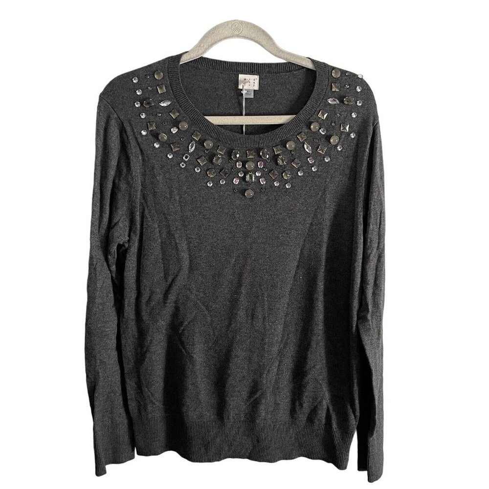 A New Day Women SZ XL Charcoal Gray Rhinestone Neckline Lightweight Sweater NWT